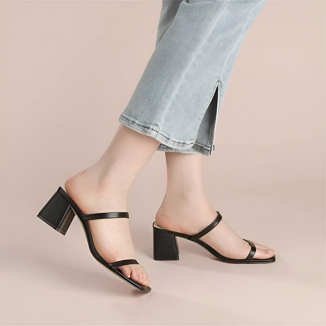 Women's Minimalist Black Chunky Heel Sandals, Summer,, ART#15