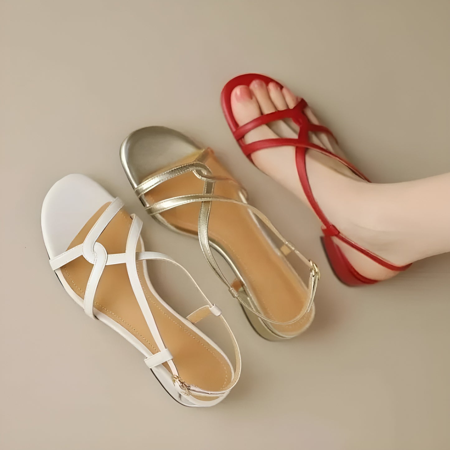 "Women’s Luxury Cross Strap Sandals – White, Golden, Red" ART#02