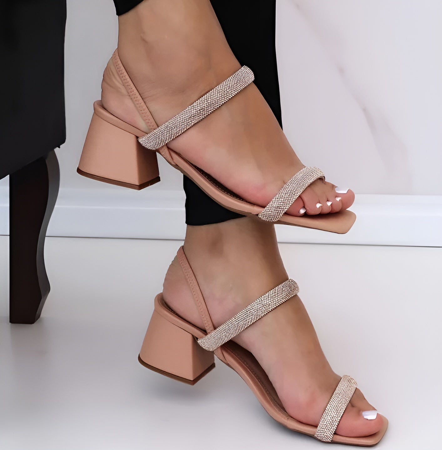 "Women’s Luxury Rhinestone Block Heel Sandals – Beige, Black, White" ART#05