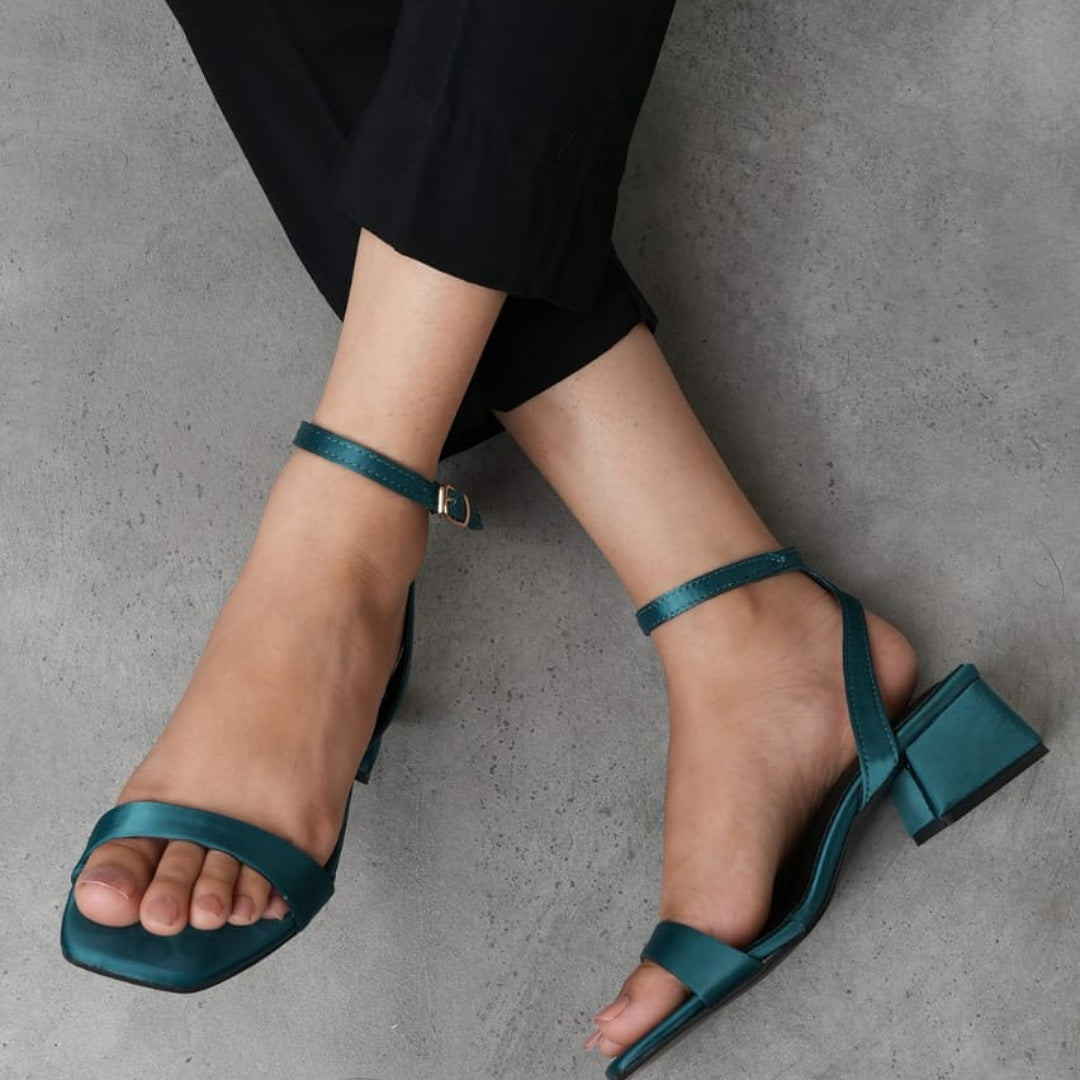 "Women’s Stylish Mid Heels – Golden & Sea Green" ART#11