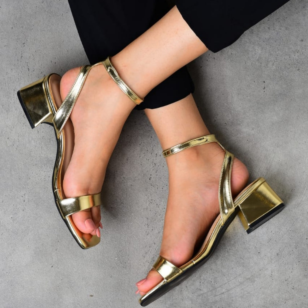"Women’s Stylish Mid Heels – Golden & Sea Green" ART#11