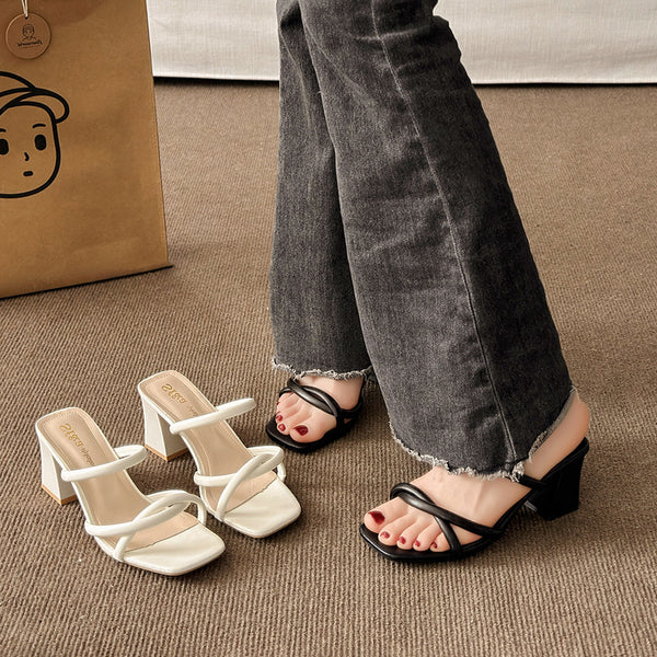 "Black & White Cross Striped Block Heels" ART#08